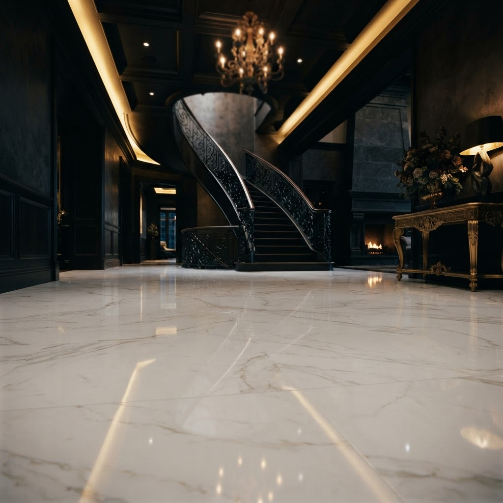 Polished luxury marble floor in an elegant foyer